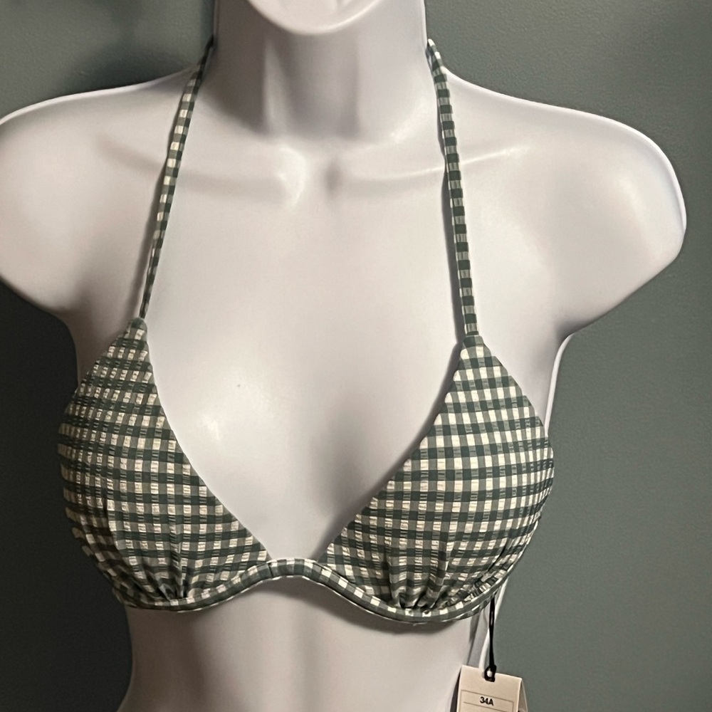🇺🇸$5🇺🇸 Checkered  Sage Green and White Bikini Top 34A NWT
